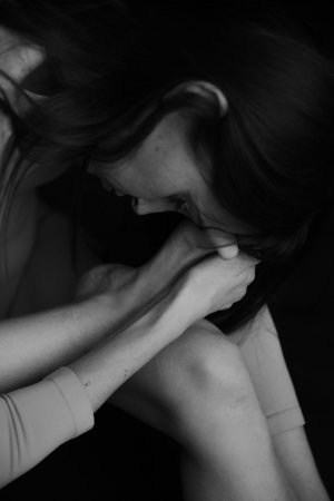 studio black and white portrait of beautiful girlの写真素材