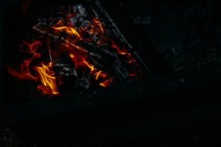 tongues of fire close-up, bonfire in the grill