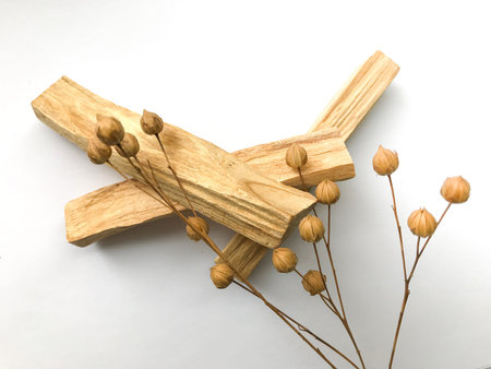 indian incense palo santo, layout of sticks, top view on a white background, blurred film image
