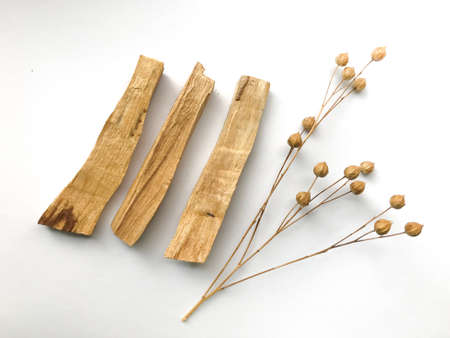indian incense palo santo, layout of sticks, top view on a white background, blurred film imageの写真素材