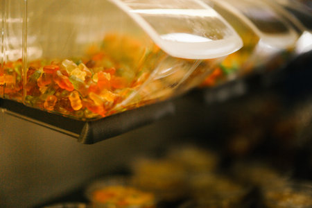 Close-up of a glass container filled with yellow and orange candies