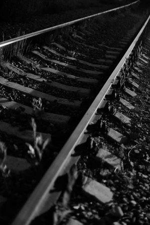 Railway tracks close-up in black and white. High quality photo