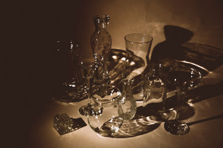 Vintage still life with bottles and glasses on a dark background.