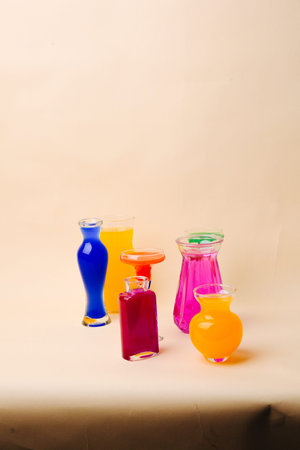 Glass vases and glasses with multicolored water, art background for drinks