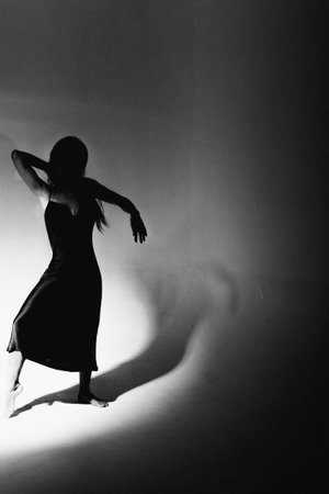 Silhouette of a girl in a long black dress on a white backgroundの写真素材