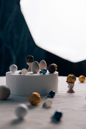 Easter cake with eggs and chocolate candies on a white background