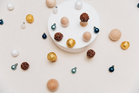 Christmas composition. Christmas tree decorations on a white background. Flat lay, top view, copy spaceの写真素材