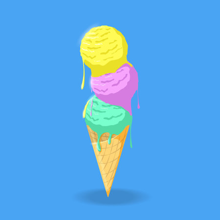 Colorful Ice Cream melting Balls in waffle coneのイラスト素材