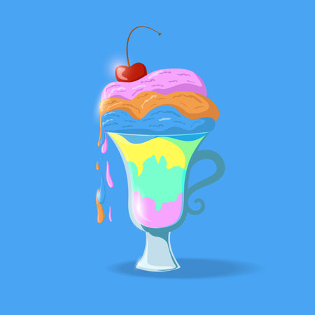 Colorful melting Ice Cream Sundae with cherry in glass cupのイラスト素材