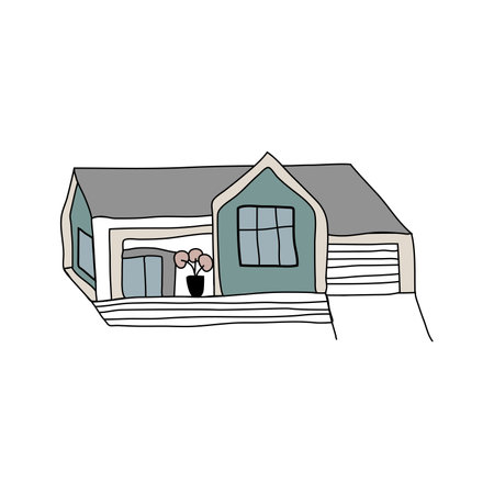 Hand Drawn Scandinavian Triangle House in Color in Doodle Style with bushesのイラスト素材