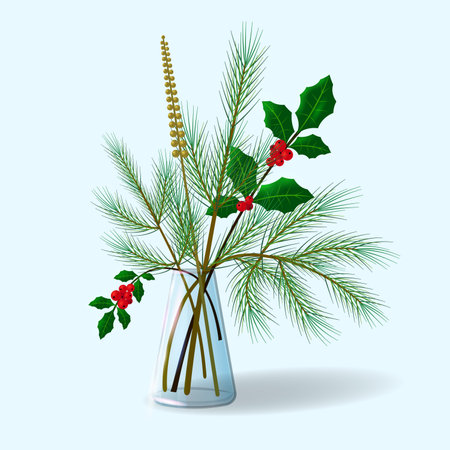 Pine, mistletoe branches and decorative element in glass vase. Home decoration for Christmas.の写真素材