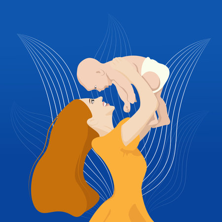 Young Smiling Woman holding baby overheadのイラスト素材