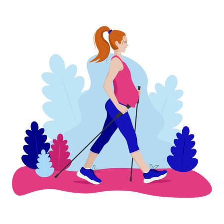 Young pregnant european woman exersice nordic walking in park. Flat vector Illustration abstract background.のイラスト素材