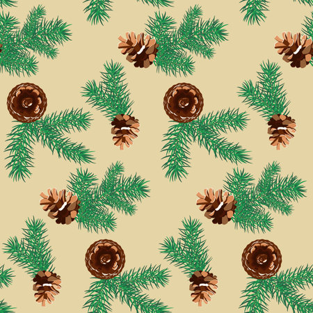 Seamless winter with pinecone and branches on light yellow background christmas patternのイラスト素材