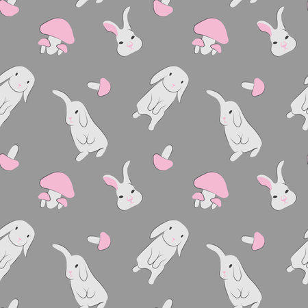 Seamless pattern with cute white rabbit and pink mushrooms on grey beckgroundのイラスト素材