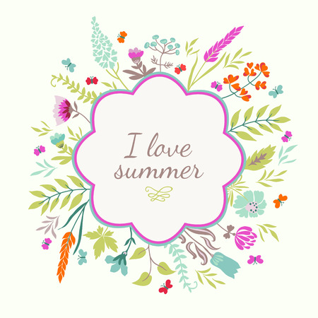 Cute greeting card with flowers and butterflies. Summer vector background.のイラスト素材