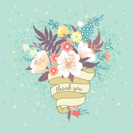Cute wedding invitation card with a bouquet of flowers and ribbon in pastel colors.のイラスト素材