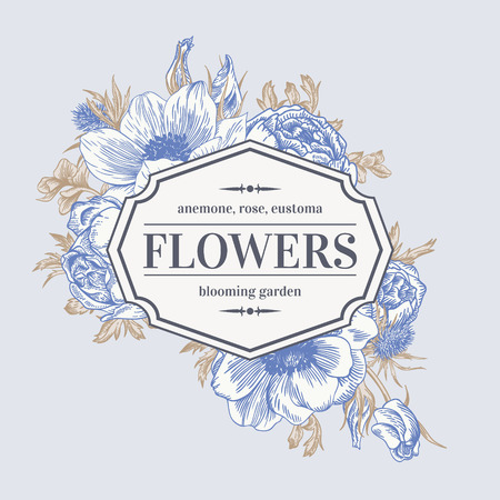 Vintage vector frame with summer flowers. Anemone, rose, eustoma, eryngium.のイラスト素材