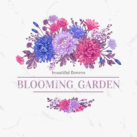 Vintage vector card with beautiful bouquet garden asters, chrysanthemums, daisies on a beige background. Design element.のイラスト素材