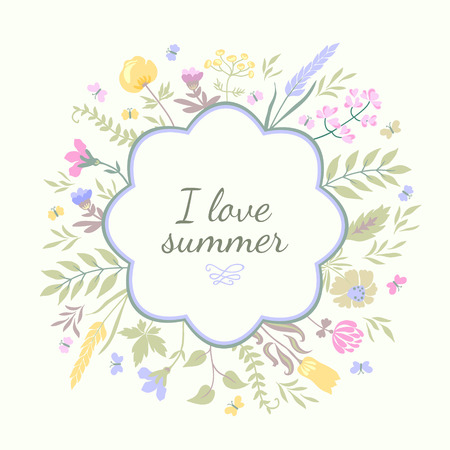 Cute greeting card with flowers and butterflies. Summer vector background.のイラスト素材