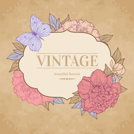 Vintage background with peony and butterfly. Vector illustration. Use for invitations, greeting cards.のイラスト素材