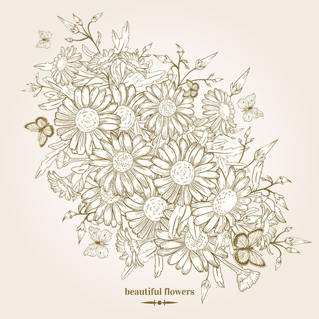 Vintage vector floral background with chamomile flowers and butterflies.のイラスト素材