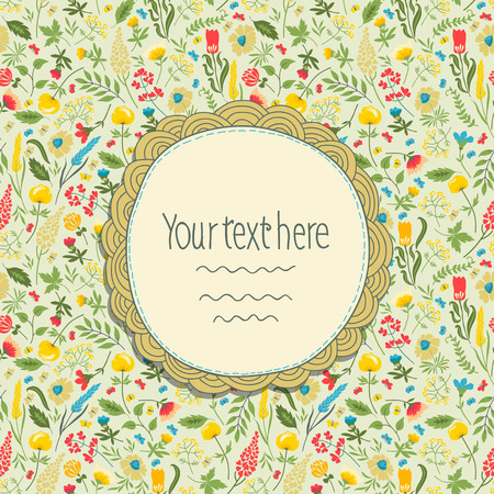 Vector handmade frame on seamless floral pattern. Summer background.のイラスト素材