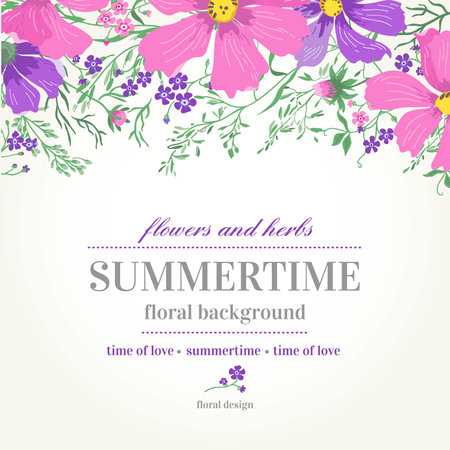 Vector wedding invitation with pink and purple flowers on a white background.のイラスト素材
