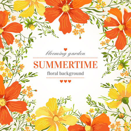 Vector invitation with colorful abstract flowers on a white background.のイラスト素材