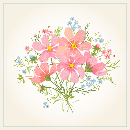 Greeting card with beautiful cute flowers on a white background. Vector illustration.のイラスト素材