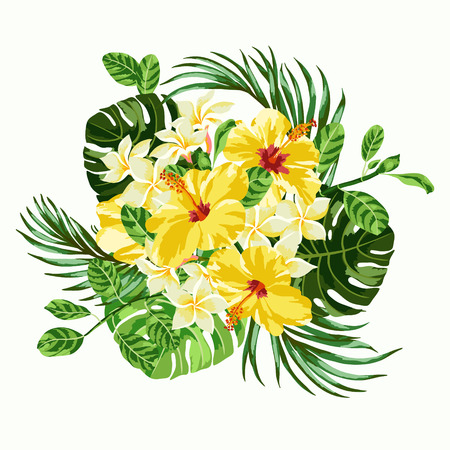 Bouquet of tropical flowers and leaves. Plumeria, hibiscus, monstera, palm. Vector illustration.のイラスト素材