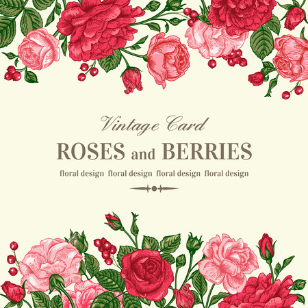 Vintage wedding invitation with pink and red roses on a light background. Vector illustration.のイラスト素材