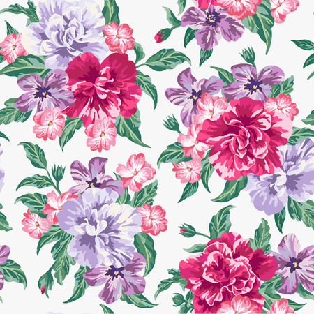 Seamless exotic pattern with tropical leaves and flowers on a white background. Vector illustration.のイラスト素材