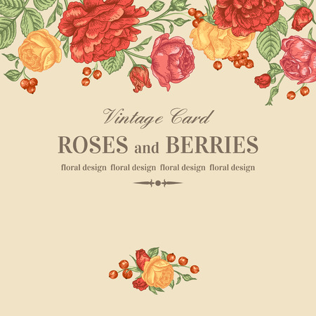 Vintage wedding invitation with red and yellow roses on a beige background. Vector illustration.のイラスト素材