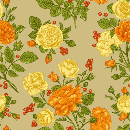 Vintage vector seamless pattern with roses.のイラスト素材