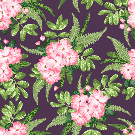 Seamless exotic pattern with tropical leaves and flowers on a black background. Hibiscus, palm. Vector illustration.のイラスト素材