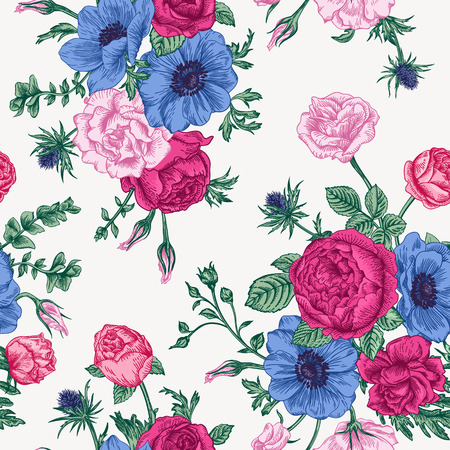 Seamless floral pattern with bouquet of colorful flowers on a white background. Roses anemones eustoma.のイラスト素材