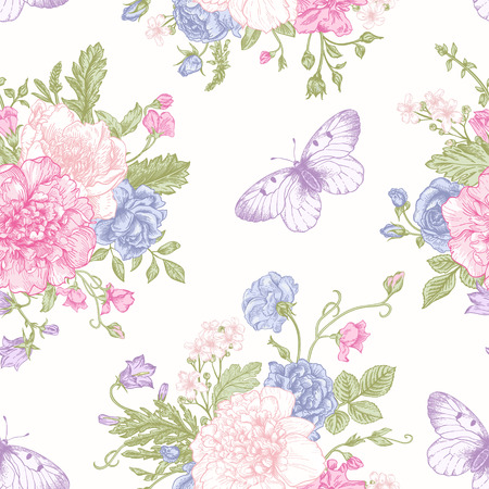 Seamless floral pattern with bouquet of colorful flowers and butterflies on a white background. Peonies roses sweet peas bell. Vector illustration.のイラスト素材