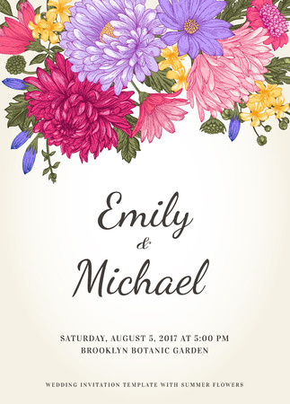 Floral wedding invitation in vintage style. Chrysanthemums asters daisies. Vector illustration.のイラスト素材