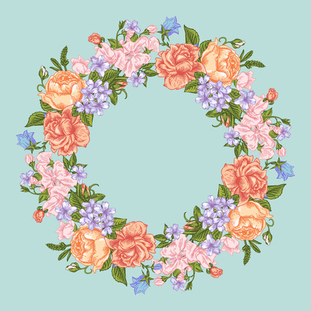 Invitation card with floral round wreath. Roses, decorative peas, buttercups. Vintage vector illustration.のイラスト素材