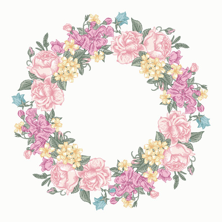 Invitation card with floral round wreath in pastel colors colors. Roses, decorative peas, buttercups. Vintage vector illustration.のイラスト素材