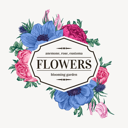 Vintage vector frame with summer flowers. Anemone, rose, eustoma, eryngium.のイラスト素材