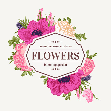 Vintage vector frame with summer flowers. Anemone, rose, eustoma, eryngium.のイラスト素材