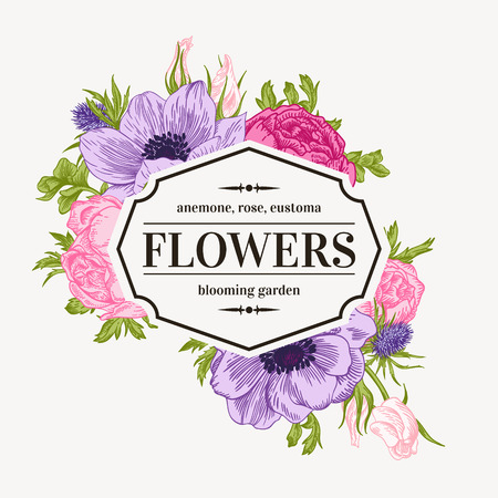 Vintage vector frame with summer flowers in pastel colors. Anemone, rose, eustoma, eryngium.のイラスト素材