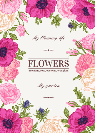 Floral vector background with colorful flowers. Anemone, rose, eustoma, eustoma.