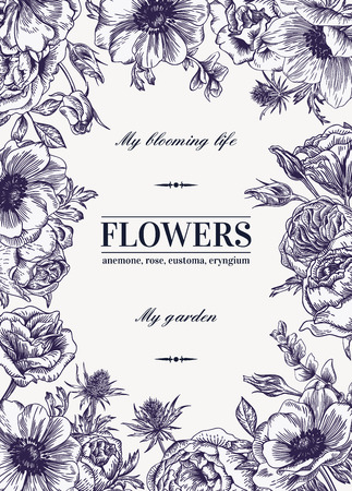 Floral vector background with flowers. Anemone, rose, eustoma, eustoma. Black and white illustration.のイラスト素材