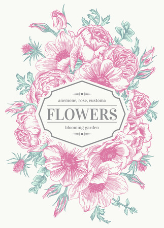 Vintage wedding card with flowers on a white background. Anemone, rose, eustoma, eryngium. Vector illustration.のイラスト素材