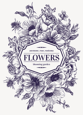 Vintage wedding card with flowers on a white background. Anemone, rose, eustoma, eryngium. Vector illustration.のイラスト素材