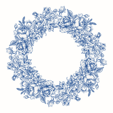 Invitation card with floral round wreath in blue. Roses, decorative peas, buttercups. Vintage vector illustration.のイラスト素材