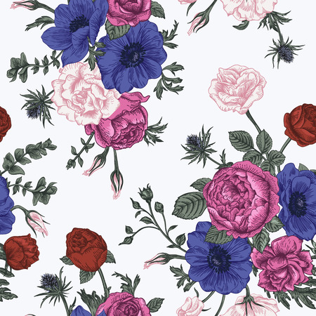 Seamless floral pattern with bouquet of colorful flowers on a white background. Roses anemones eustoma.のイラスト素材